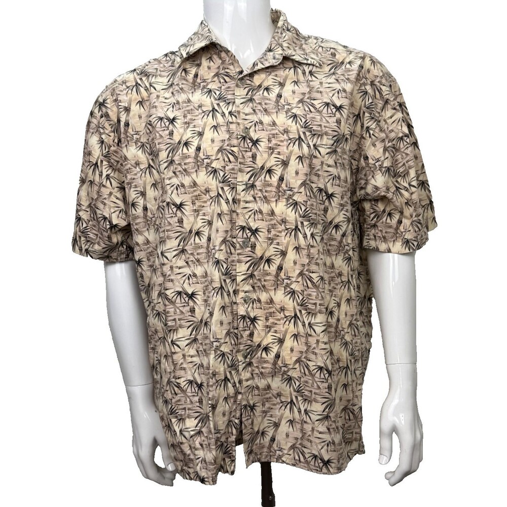 Vintage Hawaiian Shirt Hollis River‎ Large Tropical Bamboo Brown Cotton 80s 90s